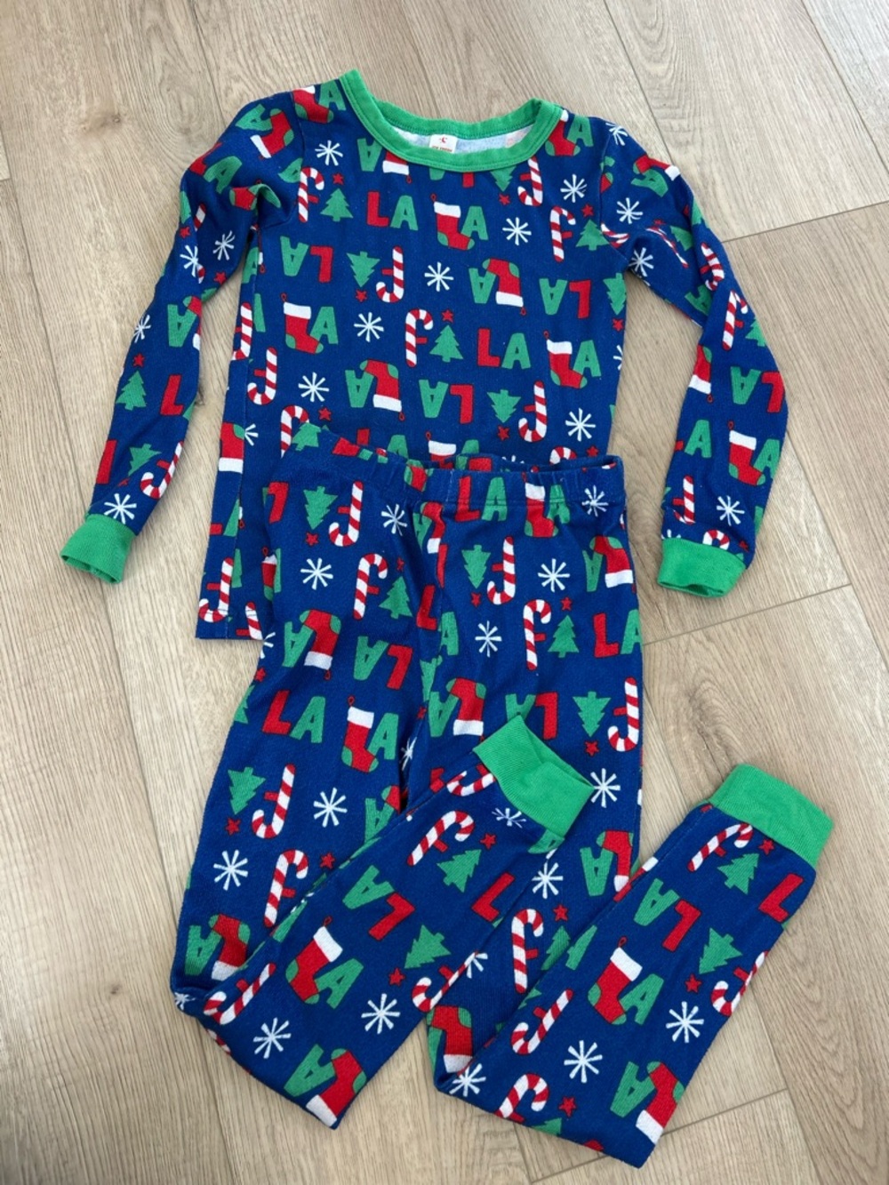 Joe Fresh Blue Holiday Pajama Set with Green Trim and Candy Cane Print